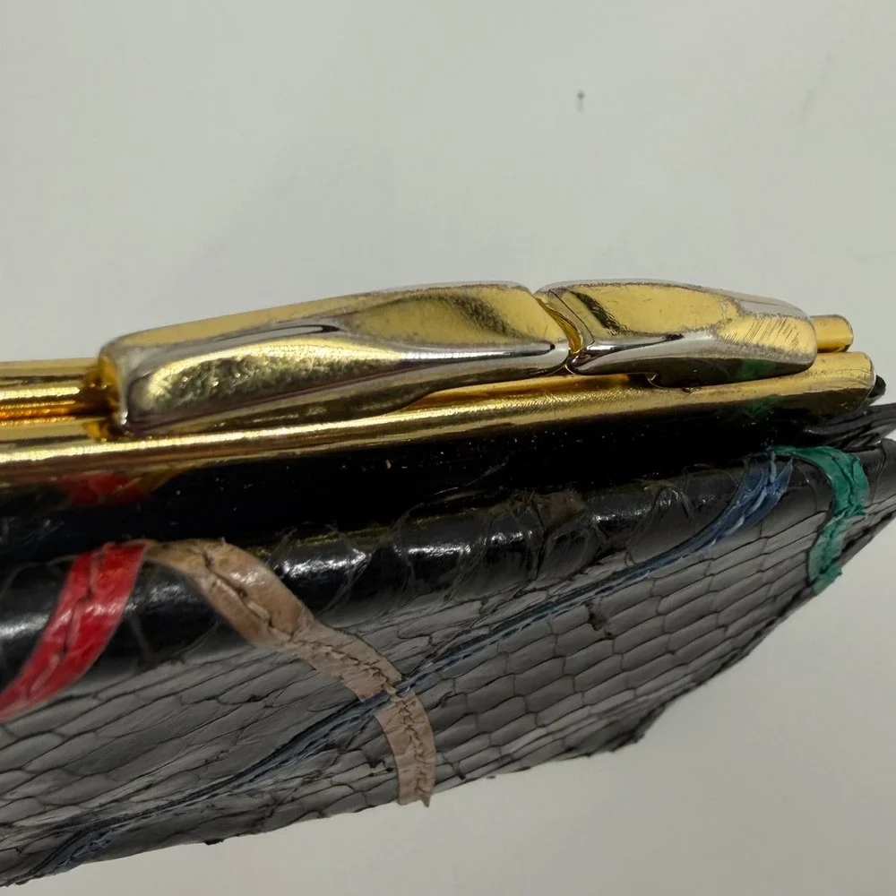 Bosca Vintage Whip Snake Skin Black Trifold Wallet Multi Color Kiss‎ Lock Coin